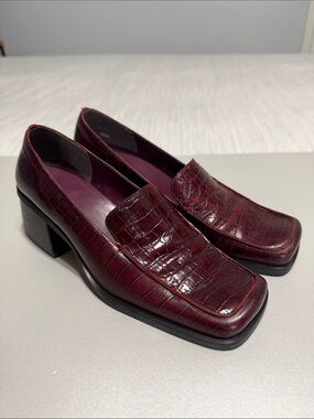 VTG Bandolino Y2K Oxblood Crocodile Block Heeled Chunky Loafers Square Toe 8.5